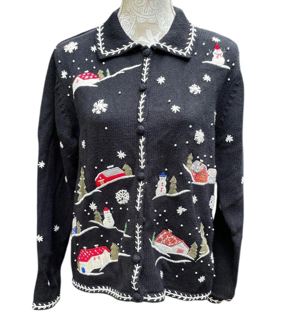 Vintage Erika Cardigan Sweater Petite Large Snowy Village Xmas Winter Holiday